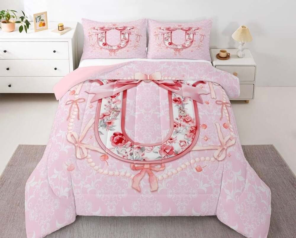 Pink Coquette Bow and Floral Monogram Comforter Bedding Set
